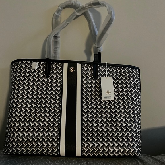 Black Tory Burch Tile T Link Tote Bag - Picture 1 of 2